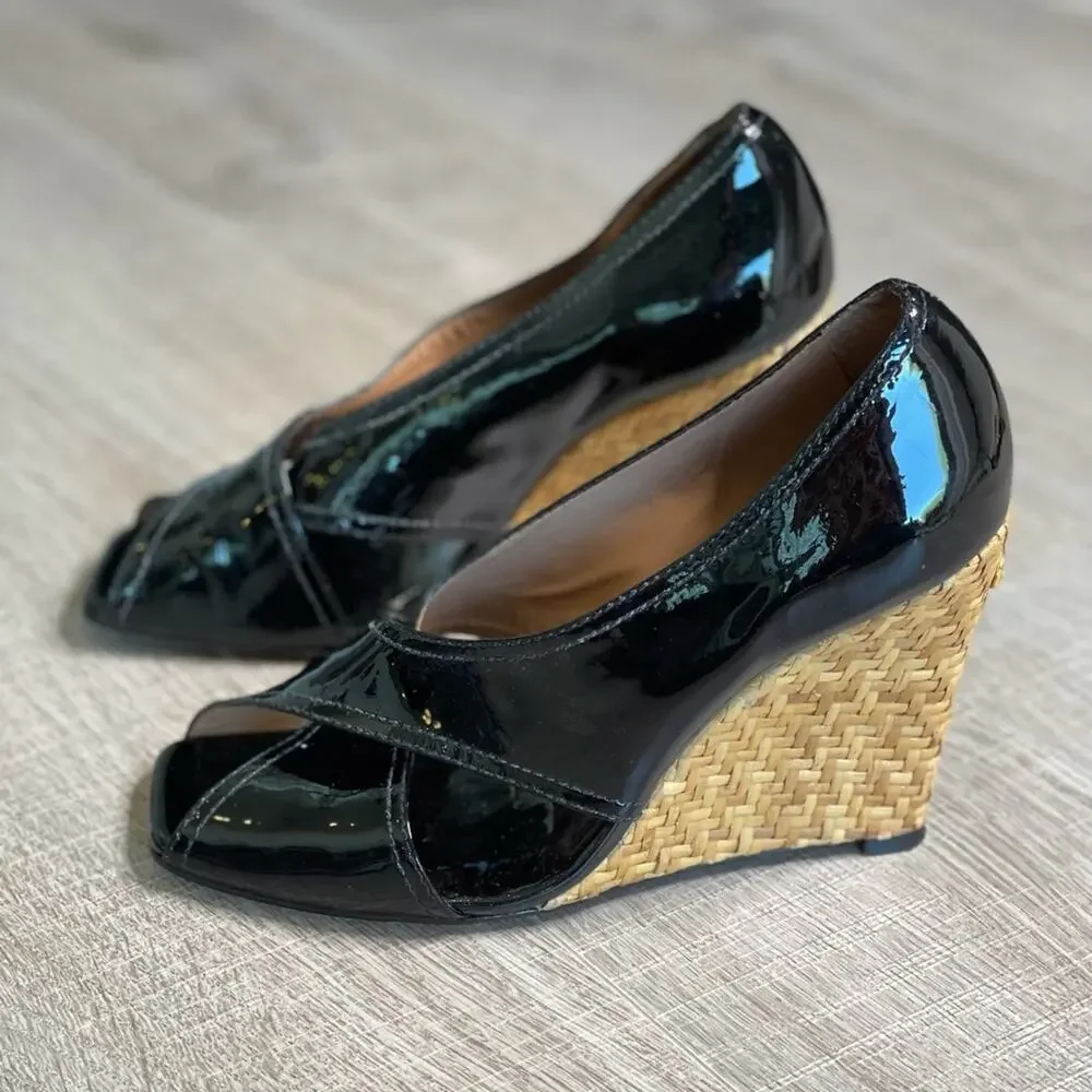 BCBGMaxazria Black Patent Leather Wicker Wedge Women's Size 8